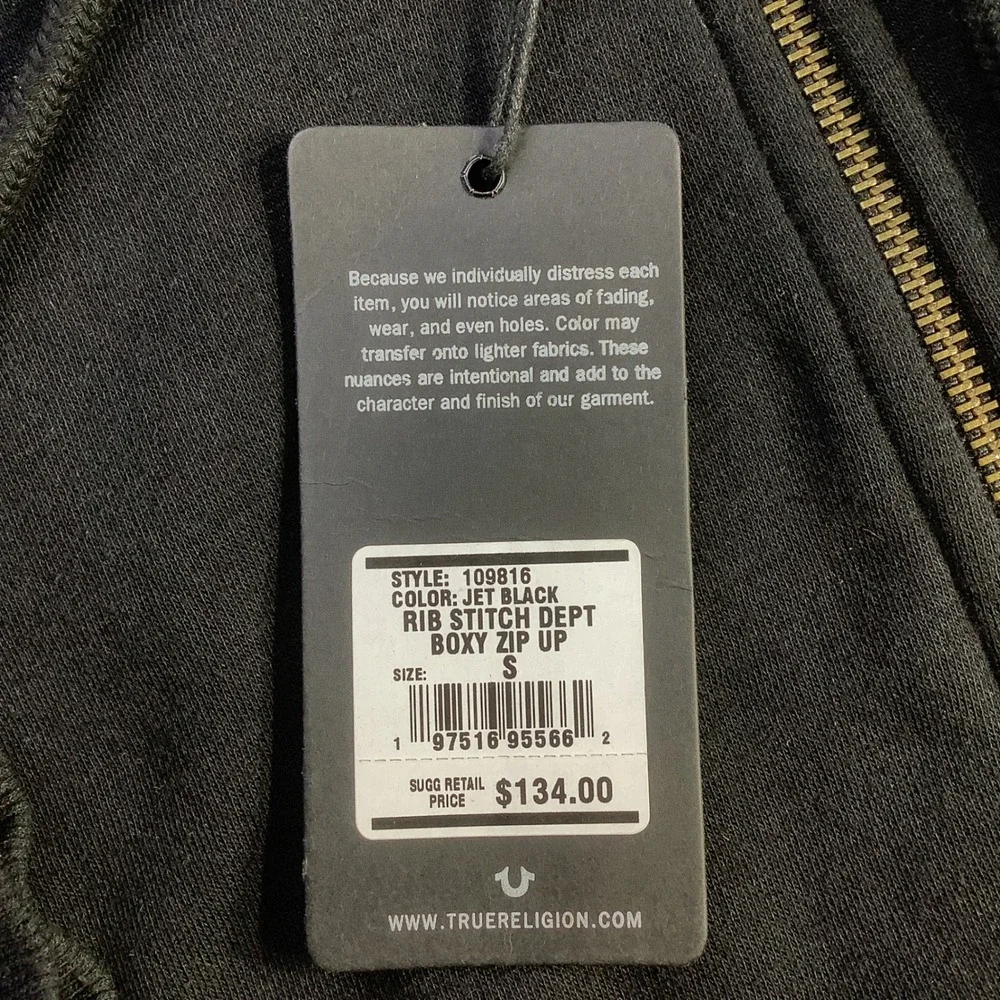 True Religion Mens Rib Stitch Dept Boxy Zip Up Hoodie Jet Black Size S NWT